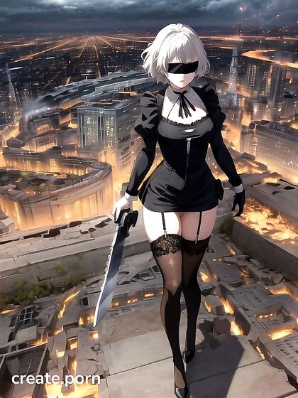 White-Haired Beauty Dominates Cityscape in Steaming Hentai AI Image