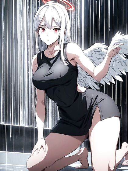 Red-Haloed White Haired Beauty with Bangs in Seductive Hentai AI Image