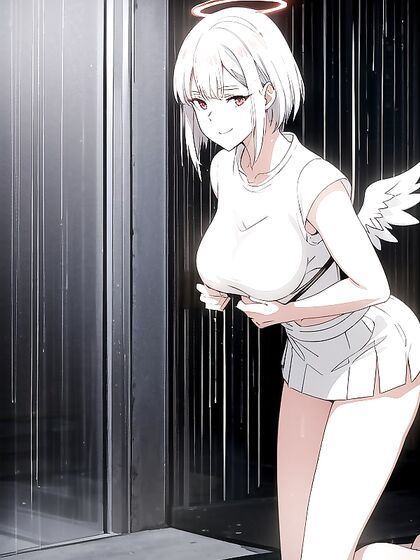 White-Haired Beauty with Red HaloBangs in steamy Hentai AI Image