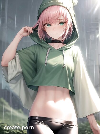 Freckled Beauty in Extra Large Green Hoodie Seduces in Steamy Hentai AI Image