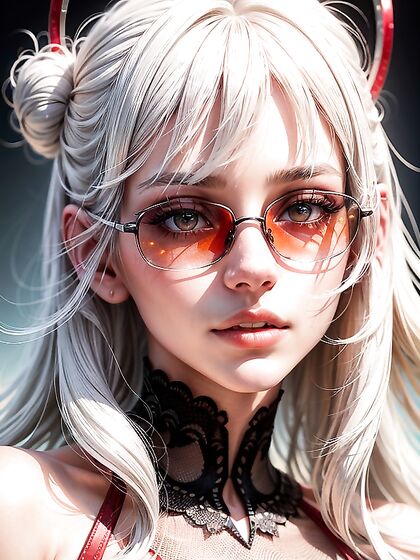 Seductive White-Haired Beauty with Bangs and Sunglasses Tops in Hentai AI Image