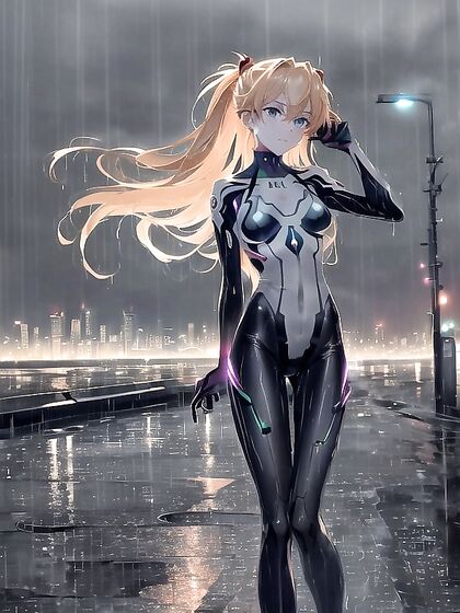 Rain-Slicked City Nights with Bioluminescent Pavement in High-Res Hentai AI Image
