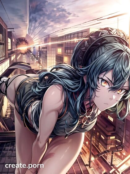 Cityscape Devoured by Nature - Serious-faced Girl 18+ Amidst Fiery Explosions and Lush Vegetation Hentai