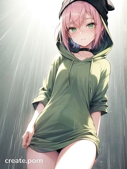 Freckled Beauty in Green Clothes and XL Hoodie for Sultry Hentai Pleasure