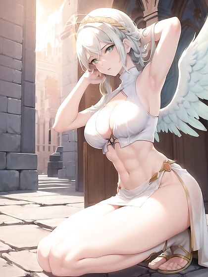 Hentai Goddess with Small Braid, Bangs, and Red Halo TeasesAbove