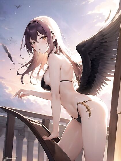 Soaring Through Twilight Skies - Her Feathers Glow in the Sunset During Sensual Hentai Flight