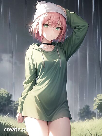 Freckled Beauty in Green Clothes and XL Hoodie for Steamy Hentai AI Image