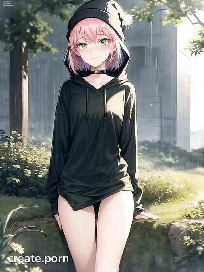Freckled Girl 18+ in Green Clothing and Extra Large Hoodie Enjoying Hentai Pleasure