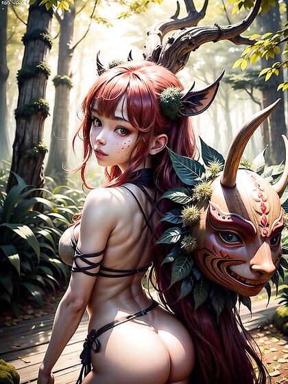 Bare-Footed Green-Skinned Woman in Wooden Mask for Kinky Hentai AI Image