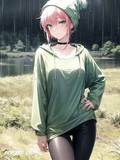 Freckled Beauty in Extra Large Green Hoodie Seduces in Steamy Hentai AI Image