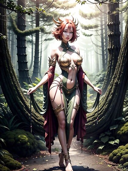 Green-Skinned Japanese Dryad with Wide Hips in Erotic Hentai AI Image