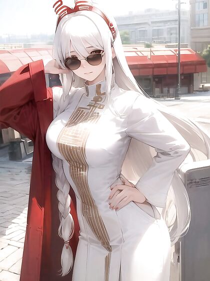 Seductive White-Haired Babe with Small Braid and Sunglasses Tops Hentai AI Image