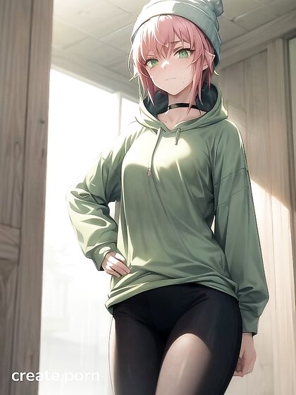 Freckled Beauty in Extra Large Hoodie and Green Clothes for Steamy Hentai AI Image