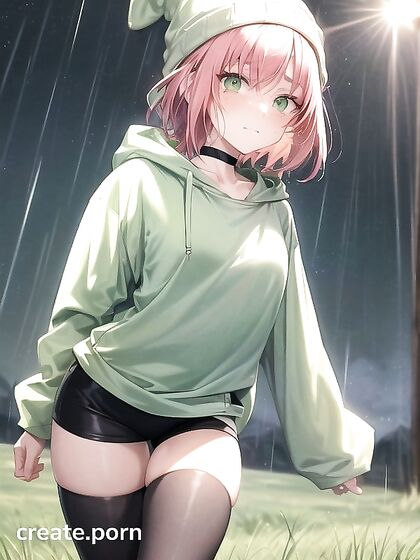 Freckled Beauty Wears Extra Large Green Hoodie for Steamy Hentai AI Image