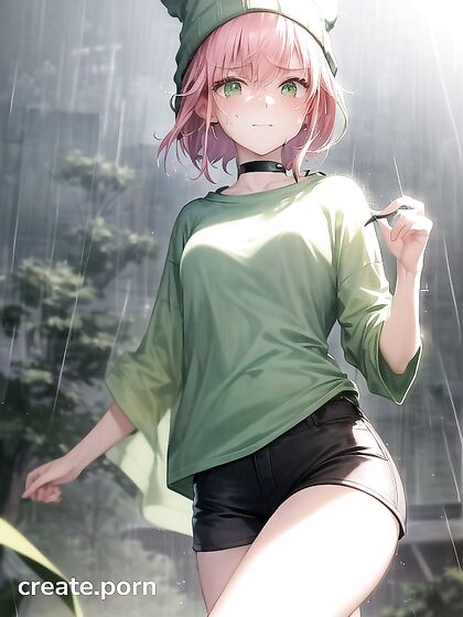 Freckled Cutie in Extra Large Hoodie and Green Outfit Seduces in Hentai AI Image
