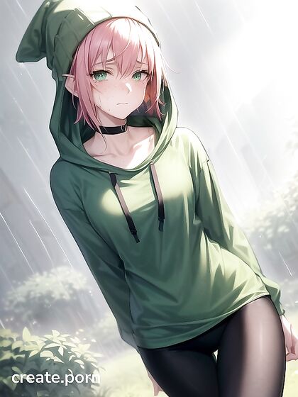Freckled Cutie in Extra Large Hoodie and Green Clothes for Steamy Hentai AI Image
