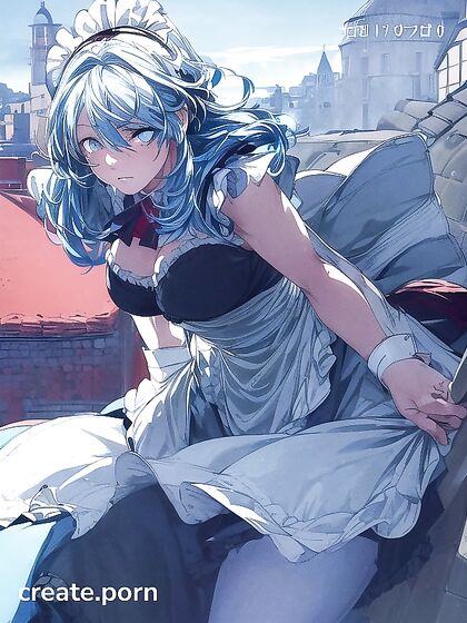 Blushing Girl 18+ on Stone Roof with Majestic Mountain Backdrop in Hentai AI Image