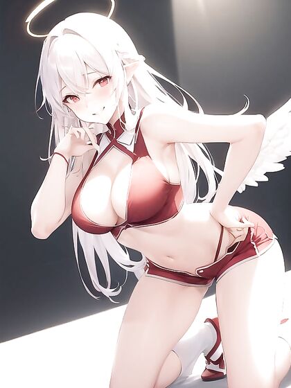 Lifting Her Shirt with One Hand - Small Braid, Pink Ribbon, and Seductive Hentai AI Image