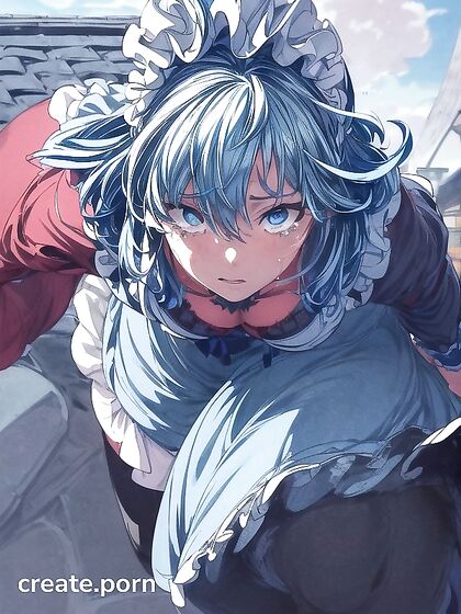 Sky Blue-Haired Maiden in Black and White French Maid Outfit Seduces on Stone Roof