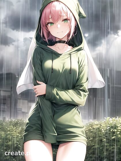 Freckled Beauty in Oversized Hoodie and Green Outfit Seduces in Hentai AI Image