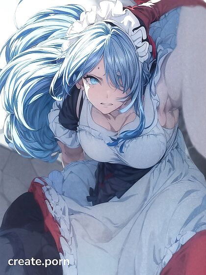 Sky Blue Haired Beauty with One-Eyed Charm Seduces on a Stone Roof HMAC AI Porno