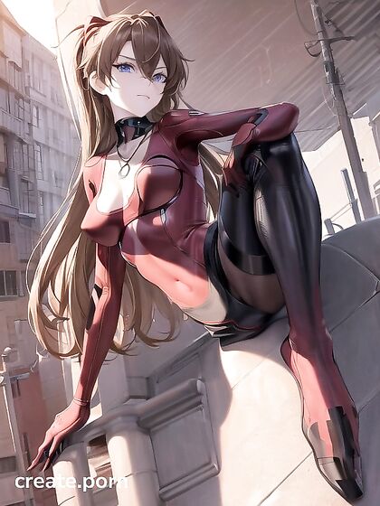 Thigh-High Socks and Red Long Sleeve Top Under Sunset Lights in Hentai AI Image