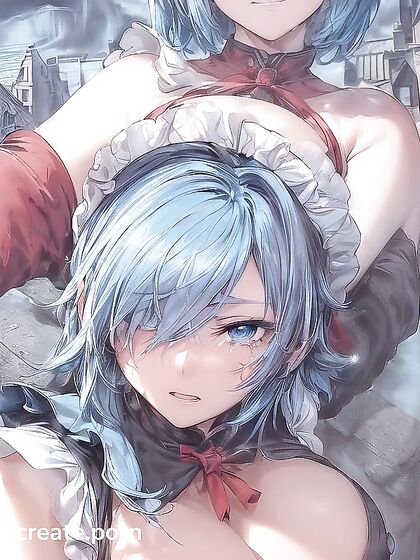 Blushing Girl 18+ with Short Sky Blue Hair Poses by Majestic Mountain in Hentai Bliss