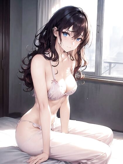 Topless Beauty Strips Down in Bed wearing apenas Thin Pajama Pants Full Body Hentai AI Image