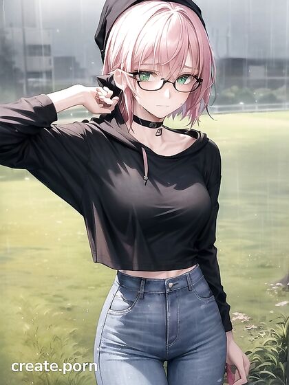 Freckled Beauty in Green Clothing Wears Oversized Hoodie for Seductive Hentai AI Image