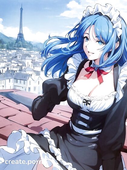 Blue-Haired Beauty with One-Eyed Seduction on a Stone Roof Amidst Ancient Trees