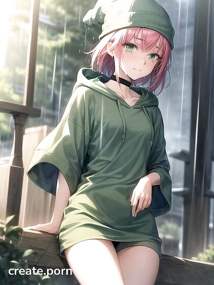 Freckled Girl 18+ in Extra Large Green Hoodie Seduces in Steaming Hentai AI Image