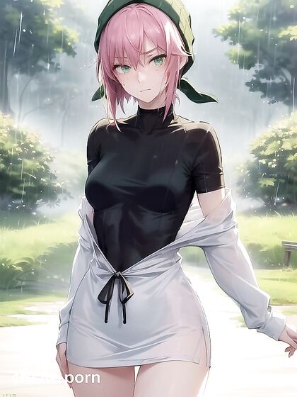 Freckled Beauty in Extra Large Hoodie and Green Outfit Seduces in Hentai AI Image