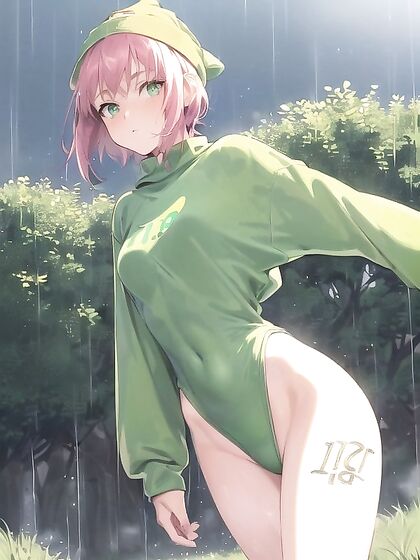 Freckled Beauty in Oversized Green Hoodie for Seductive Hentai AI Image