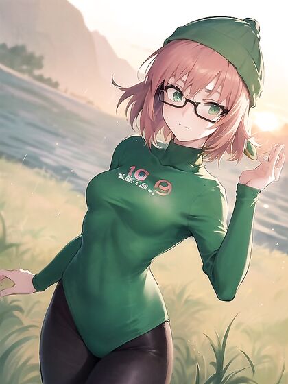 Freckled Beauty in Green Clothes Wearing an Oversized Hoodie for Steamy Hentai AI Image