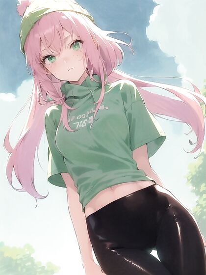 Freckled Beauty in Green and Pastel-Colored Outfit Takes on Hentai AI Image
