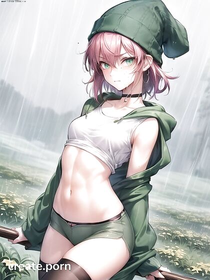 Freckled Cutie in Extra Large Green Hoodie Nails Horny Hentai AI Image