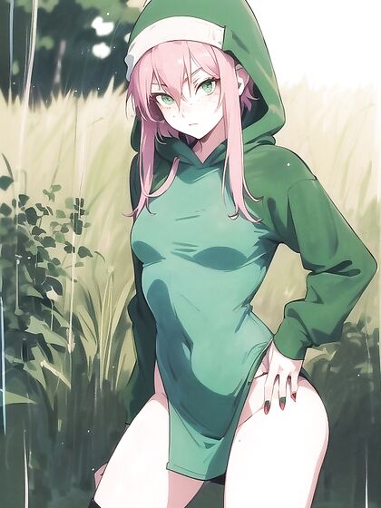 Wearing Pastel Colors and an Oversized Hoodie in Steamy Green Outfit Hentai AI Image