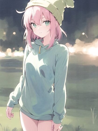 Freckled Girl 18+ in Green Clothes and Oversized Hoodie for Steamy Hentai AI Image