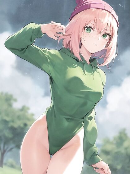 Green Hoodie and Pastel-Colored Outfit in Sensual Hentai AI Image