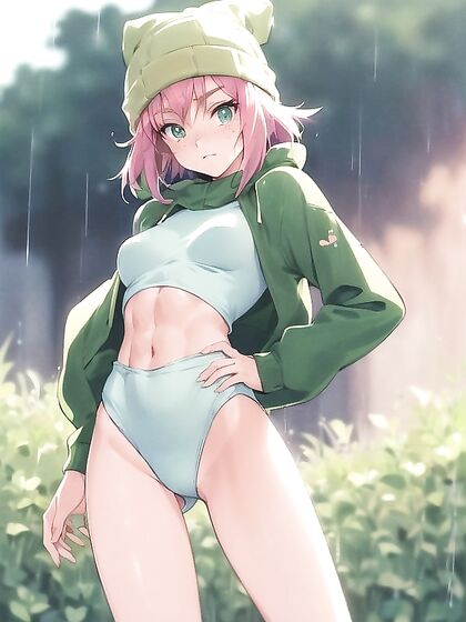 Freckled Beauty in Extra Large Hoodie and Green Clothes for Steamy Hentai AI Image