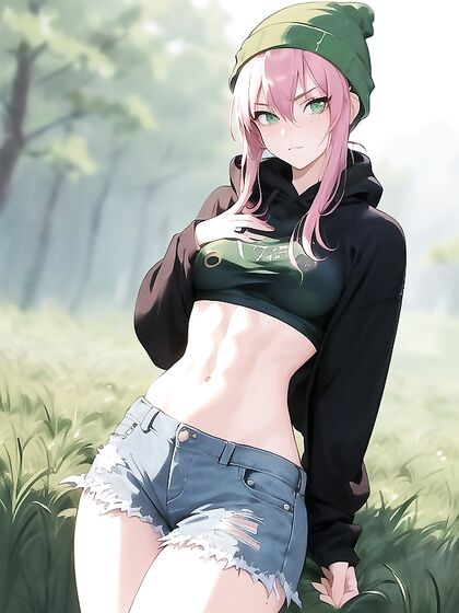 Freckled Cutie in Green Clothes and Oversized Hoodie Seduces in Hentai AI Image