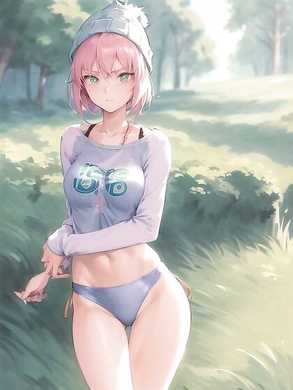 Freckled Girl 18+ in Oversized Hoodie and Green Outfit Seduces in Hentai AI Image