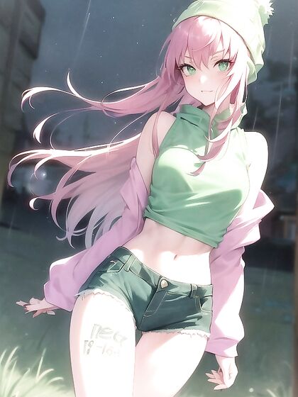 Green Hoodie and Pastel-Colored Outfit in Seductive Hentai AI Image