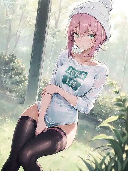 Freckled Girl 18+ in Green Clothes Wears Oversized Hoodie for Sexy Hentai AI Image