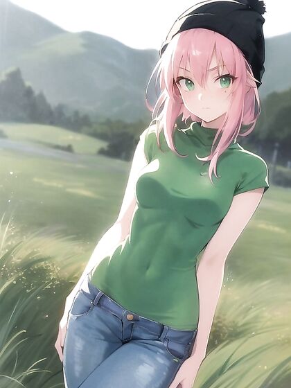 Freckled Girl 18+ in Oversized Hoodie and Green Outfit Tempts in Hentai AI Image