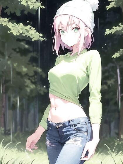 Green Hoodie and Pastel-Colored Outfit in Seductive Hentai AI Image
