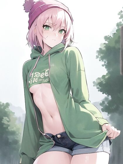 Freckled Girl 18+ in Oversized Hoodie and Green Outfit Seduces in hentai Hentai AI Image