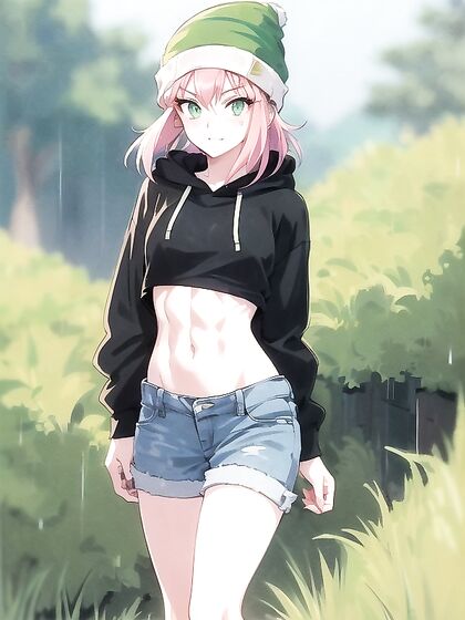Green Hoodie and Pastel-Colored Outfit in Seductive Hentai AI Image