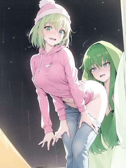 Freckled Beauty in Oversized Hoodie and Green Outfit Seduces in Hentai AI Image