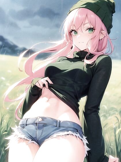 Freckled Girl 18+ in Green Clothing Wears Extra Large Hoodie for Steamy Hentai AI Image